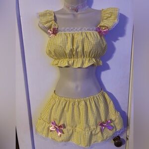 Goldilocks Gingham Lace Mini Ruffle Skirt Crop Top Cosplay Costume Halloween